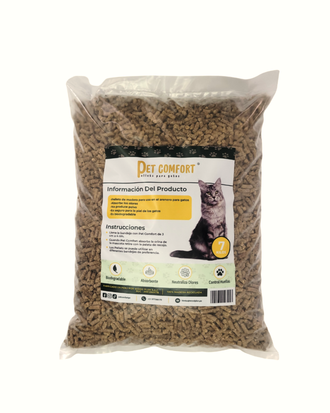 Arena de pellets para gatos sostenible marca Pet Comfort, presentación de 7Kg, fabricado en base a residuos de la industria maderera (aserrín y virutas)